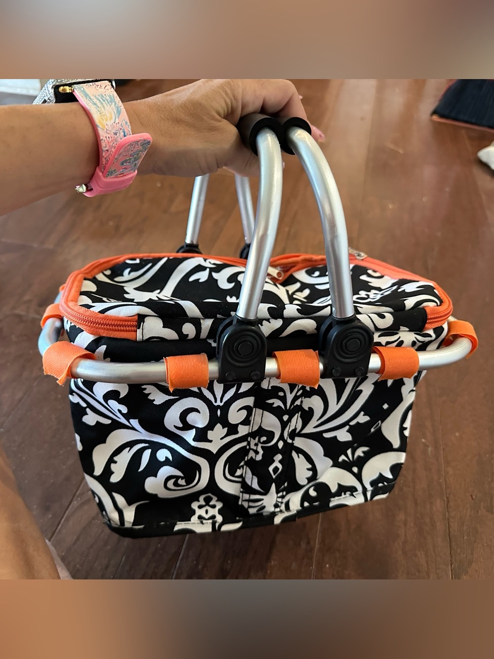 Black & White Damask Insulated Tote with Orange Trim